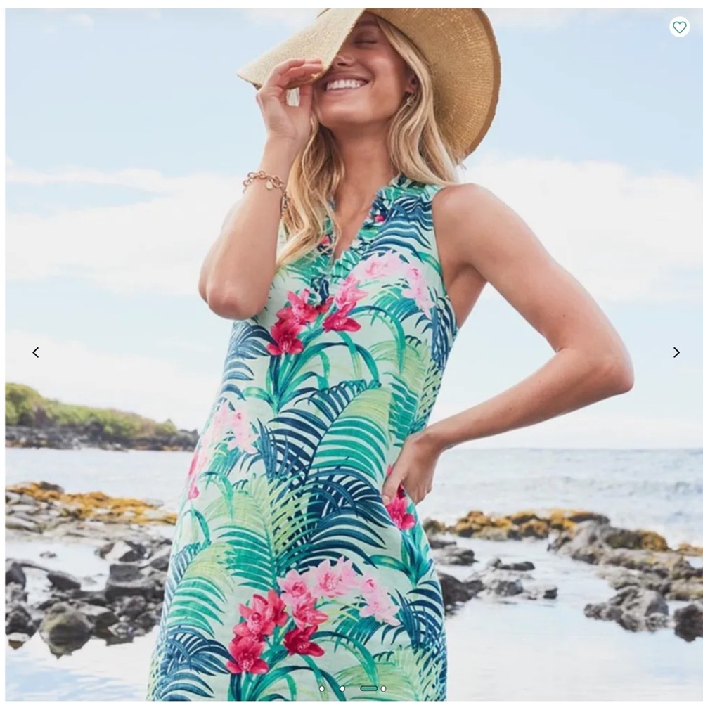 NWT Tommy Bahama Florida Fauna Ruffle Linen Dress in Aquarius Sz L Tropical